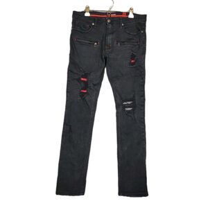 M1910 Makobi "Sanibel" Shredded Jeans Mens 34x30.5 Black Red Thrashed Skinny